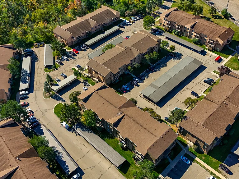 Aerial Community View with Carports at Franklin River Apartments in Southfield, MI