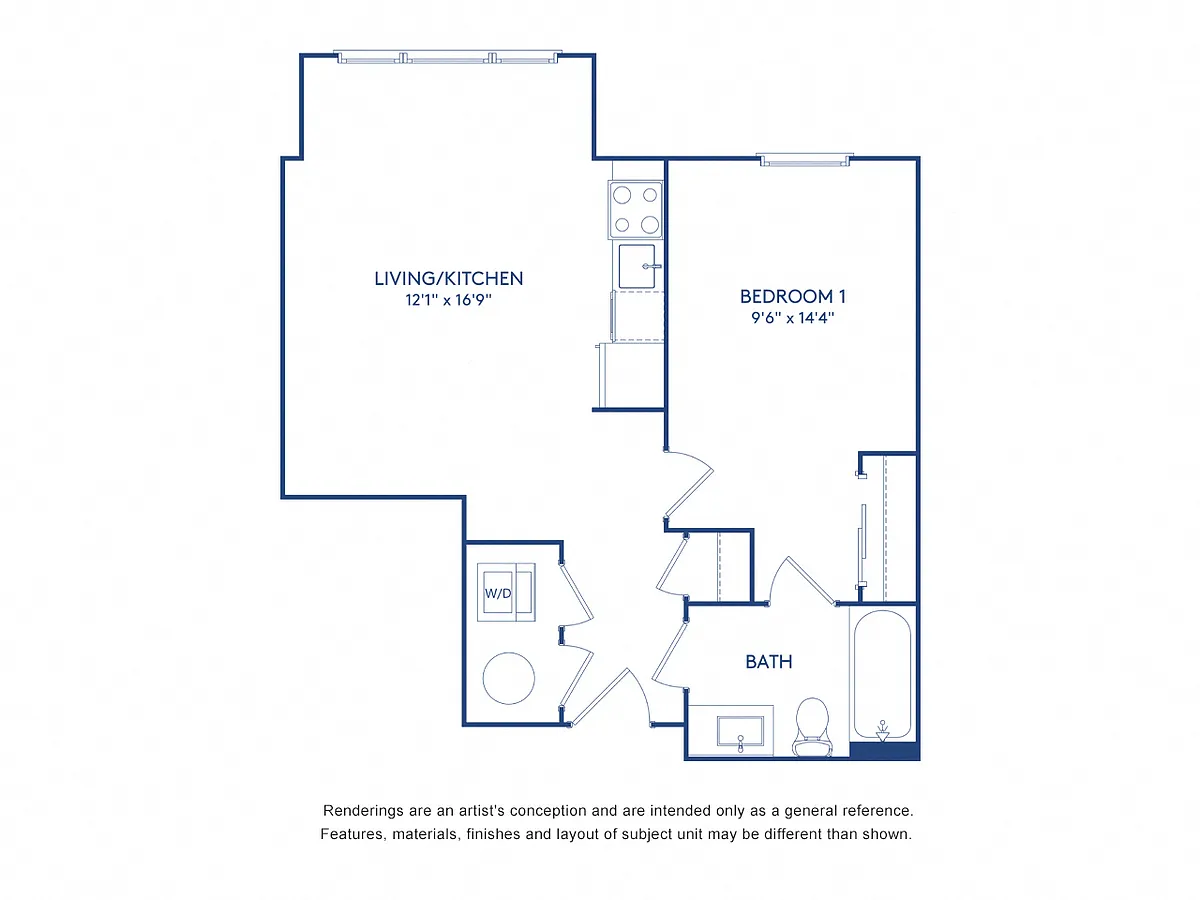 Floor plan 1 BR 1BA (570 SF)