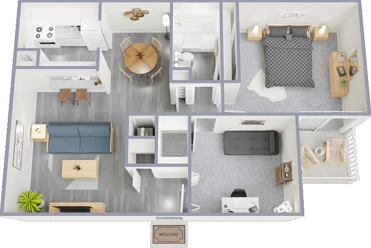 2 Bed 1 Bath Floorplan Diagram