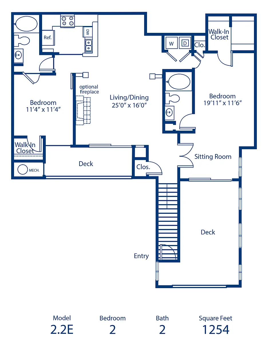 Floor plan 2BR 2BA 1254 sqft