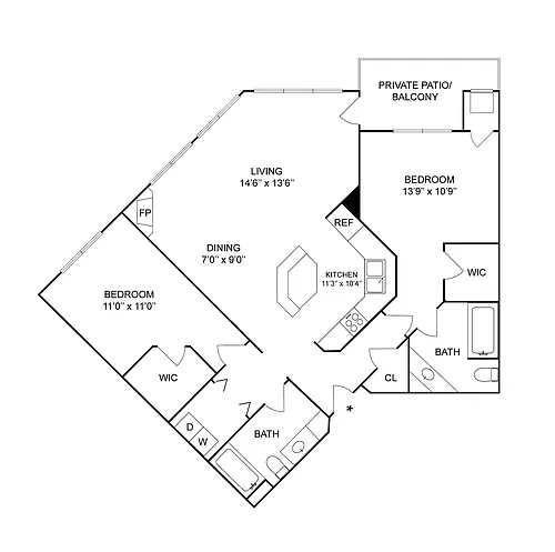 Floor plan 2 BR x 2 BA - D
