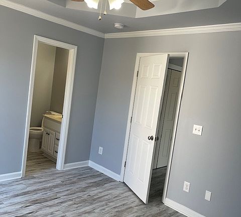 Master bedroom with trey ceiling and master bathroom.