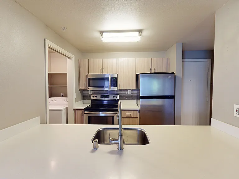 Apartment kitchen with stainless steel appliances, quartz countertops and wood-style flooring.