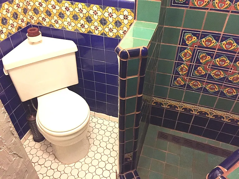 toilet showing modern trench drain in shower - all recently installed and new