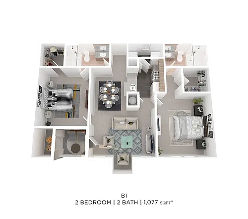 Floor plan Two Bedroom 2 Bath - 1,077 sqft