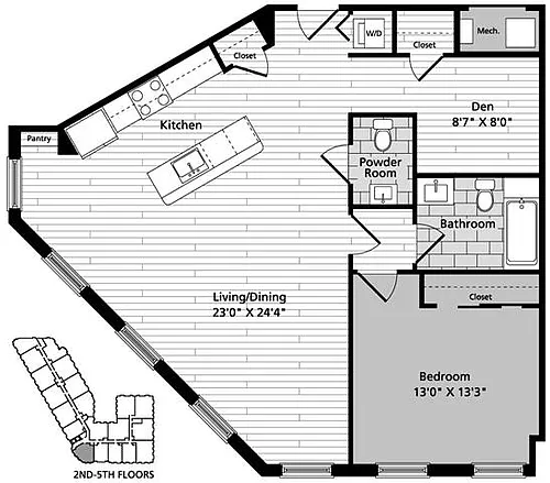 Floor plan A6D 1 Bedroom Den 1.5 Baths