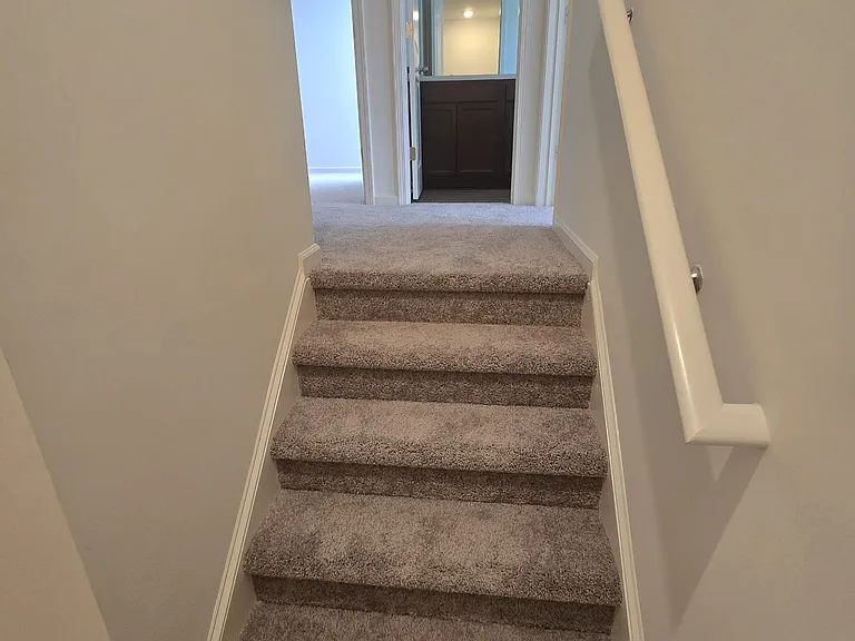 Carpeted stairs leading up to 2nd floor. You can see full bath (shared) at the top of the picture.