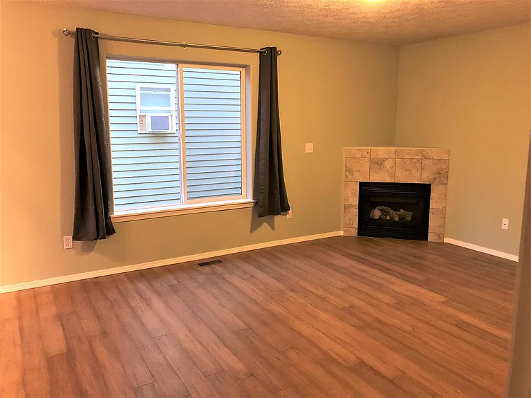 Large living room with cozy gas fireplace.