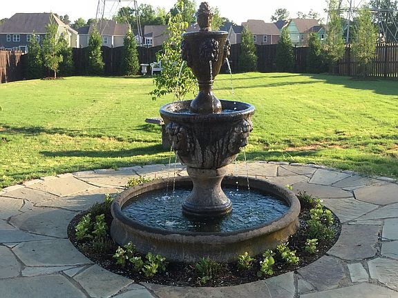 New patio, trees, fountain