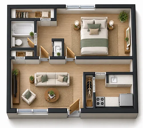 Floor plan 1 Bedroom, 1 Bath