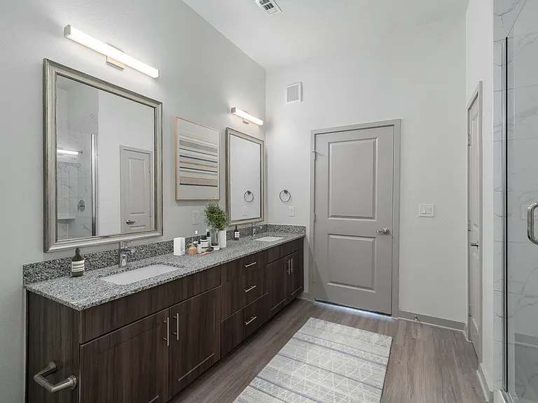 Bathroom with double-vanity and walk-in shower