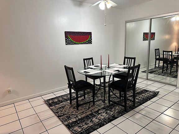 Dining Room with mirrored closet, new rug