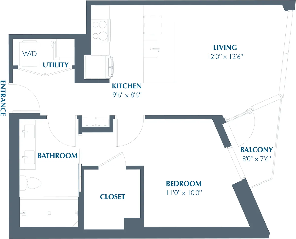 Floor plan 1BR 1BA (654 SF)