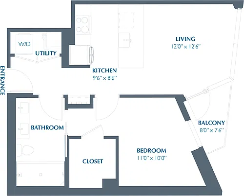 Floor plan 1BR 1BA (654 SF)