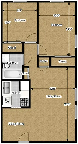 Floor plan 2 Bedroom - 1 Bath Village