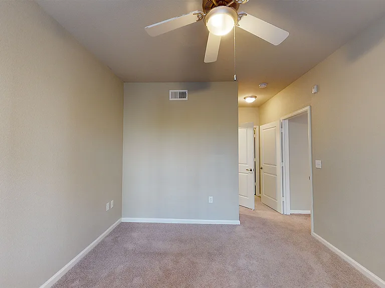 Spacious apartment bedroom with large closet, attached bathroom and plush carpet flooring.