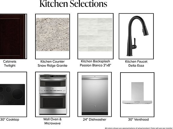 Grid of kitchen design selections including dark wood cabinets, granite countertop, white subway til