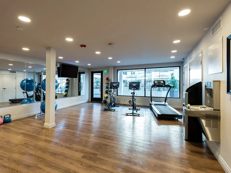 Stay active with high-tech Peloton bikes and workout gear in the fitness center.