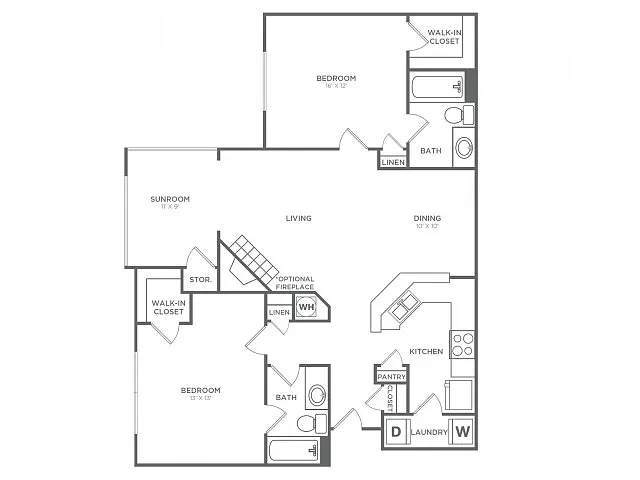 Floor plan Two Bedroom, Two Bath (1,215 SF)