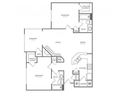 Floor plan Two Bedroom, Two Bath (1,215 SF)