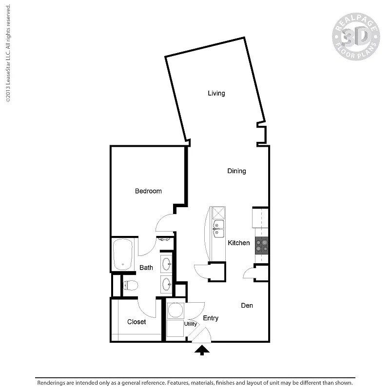 Floor plan A5 1 bedroom, 1 bath, den