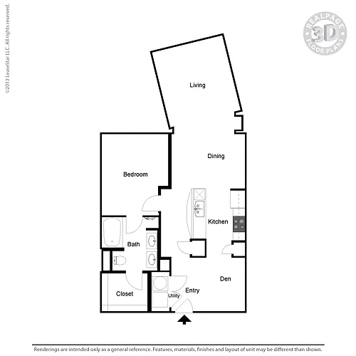 Floor plan A5 1 bedroom, 1 bath, den