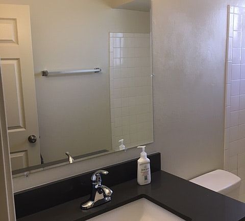 New bathroom counter, sink and mirror