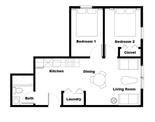 Floor plan Low Rise Apartment 2 Bed 1 Bath