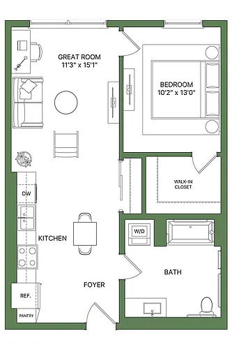 Floor plan 1 Bed, 1 Bath - Apt F (ADA)