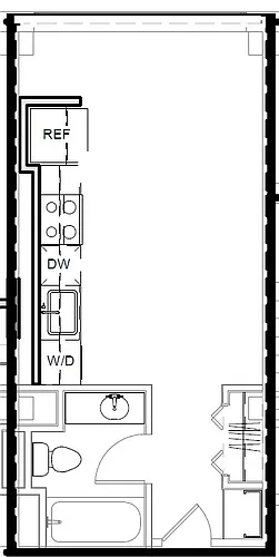Floor plan West 7th | Studio, 1 Bathroom D | Cozy with Patio 