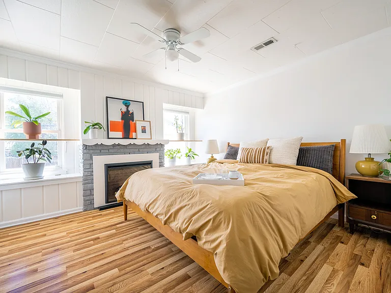 primary bedroom, natural light, electric fireplace