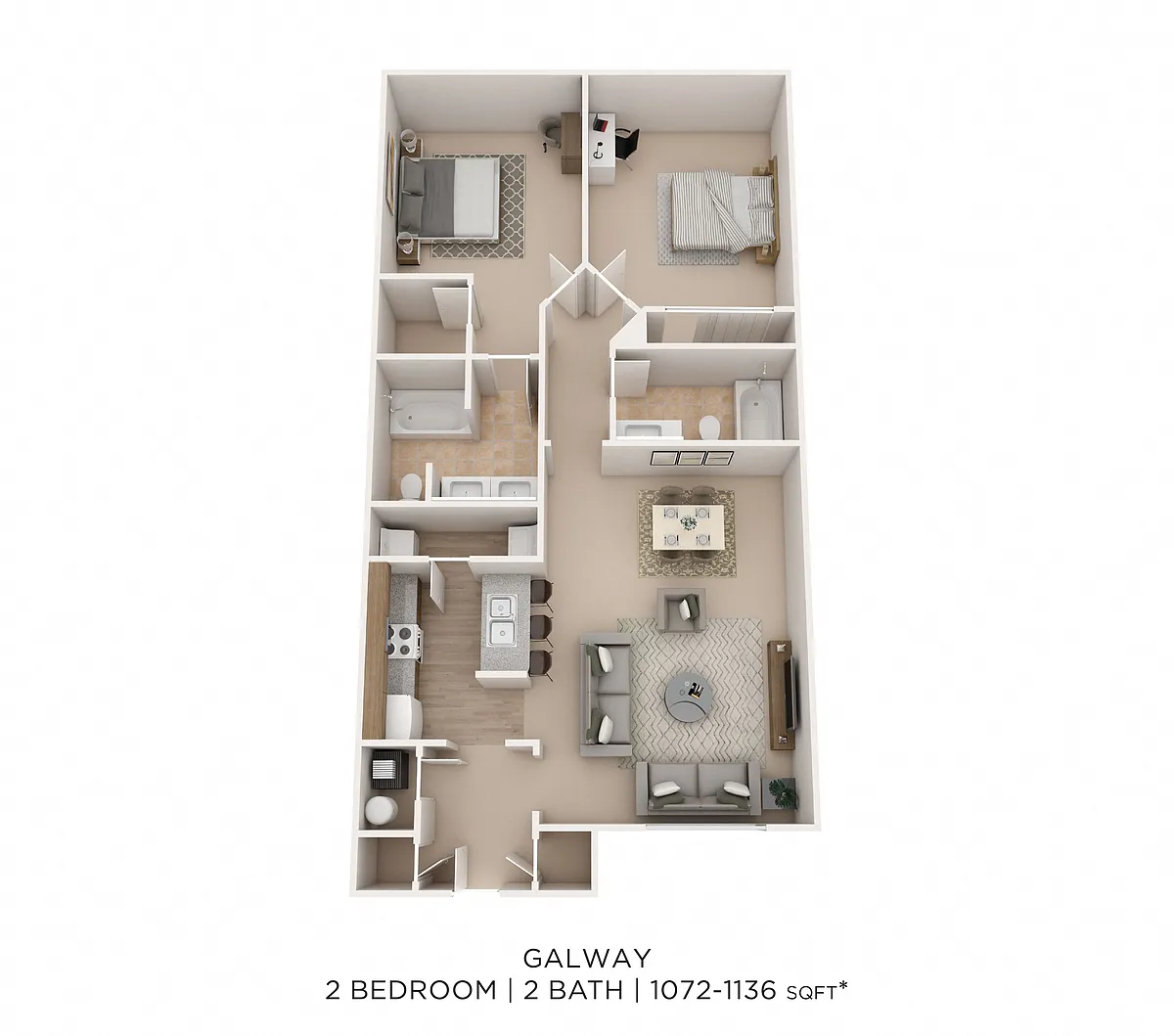 Floor plan Two Bedroom 2 Bath- 1104 sqft