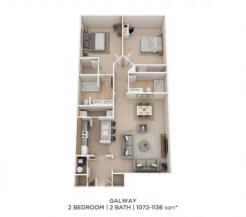 Floor plan Two Bedroom 2 Bath- 1136 sqft