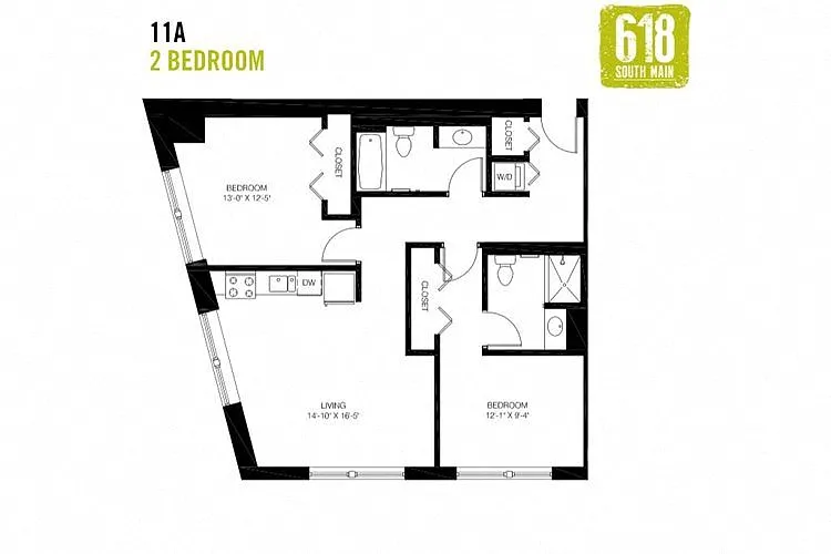 Floor plan 2 Bedroom 2 Bath 1021 sq. ft.