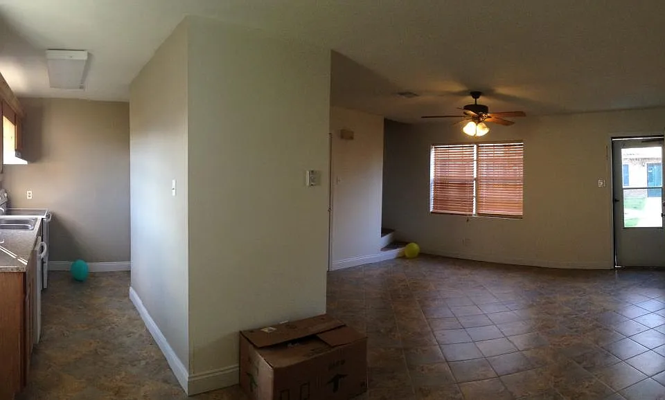 Galley Kitchen/living room: new floor ez clean, ez to furnish