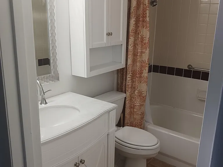 Second bathroom with tub and shower combination, updated lighting, vanity, shelving over toilet, and terrazzo flooring.