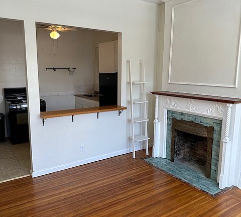 Fireplace and breakfast bar.