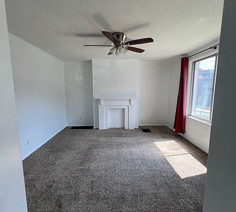 Living room with Decoritive fire place and ceiling fan.