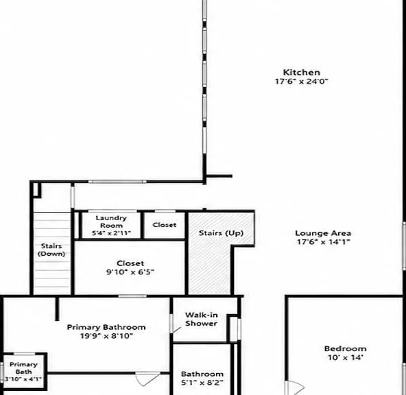 Floor plan layout showing room sizes and flow between kitchen, living areas, bedrooms, bathrooms, and laundry.