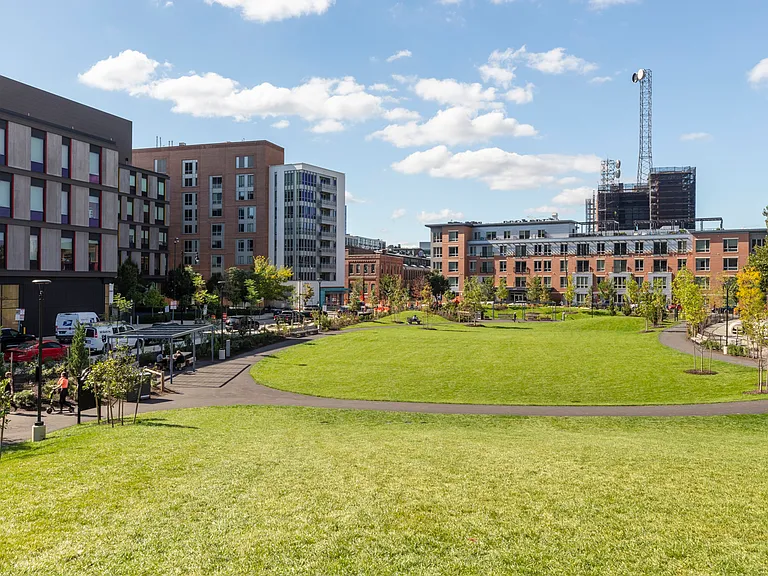 Toomey Park, located one block down the street, is brand-new and just opened this fall. Your new favorite spot boasts an off-leash dog park, walking trails, event areas, playgrounds, and even a sledding hill