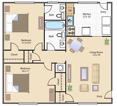 Floor plan 2 Bed - 1 and a half Bath B