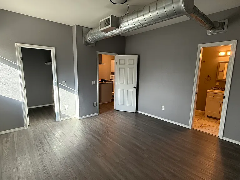 Bedroom. Closet, kitchen, and bathroom visible.