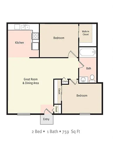Floor plan 2 Bedroom/1 Bath