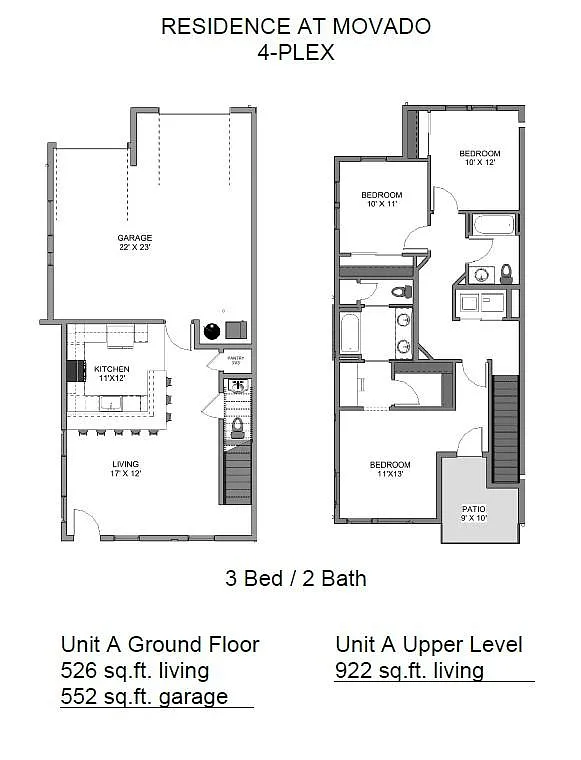 Floor plan Unit A 4 Plex - 3 Bedroom 2 Bathroom Townhome
