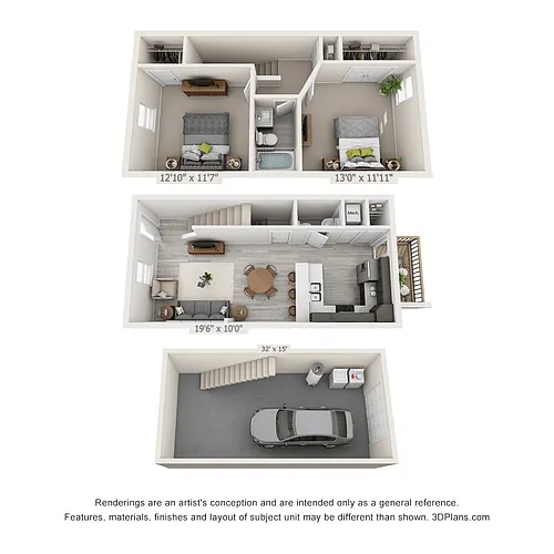 Floor plan 2 Bedroom, 1.5BA Townhome with Drive Under Garage