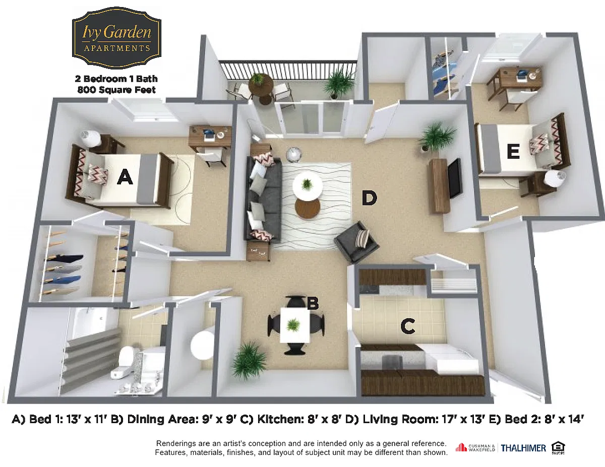 Floor plan 2 Bedroom 1 Bath South