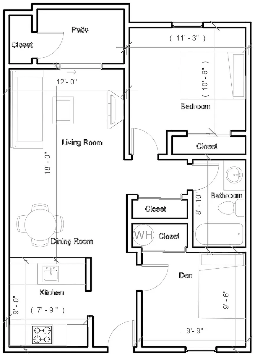 Floor plan 1 Bedroom plus Den with washer and dryer