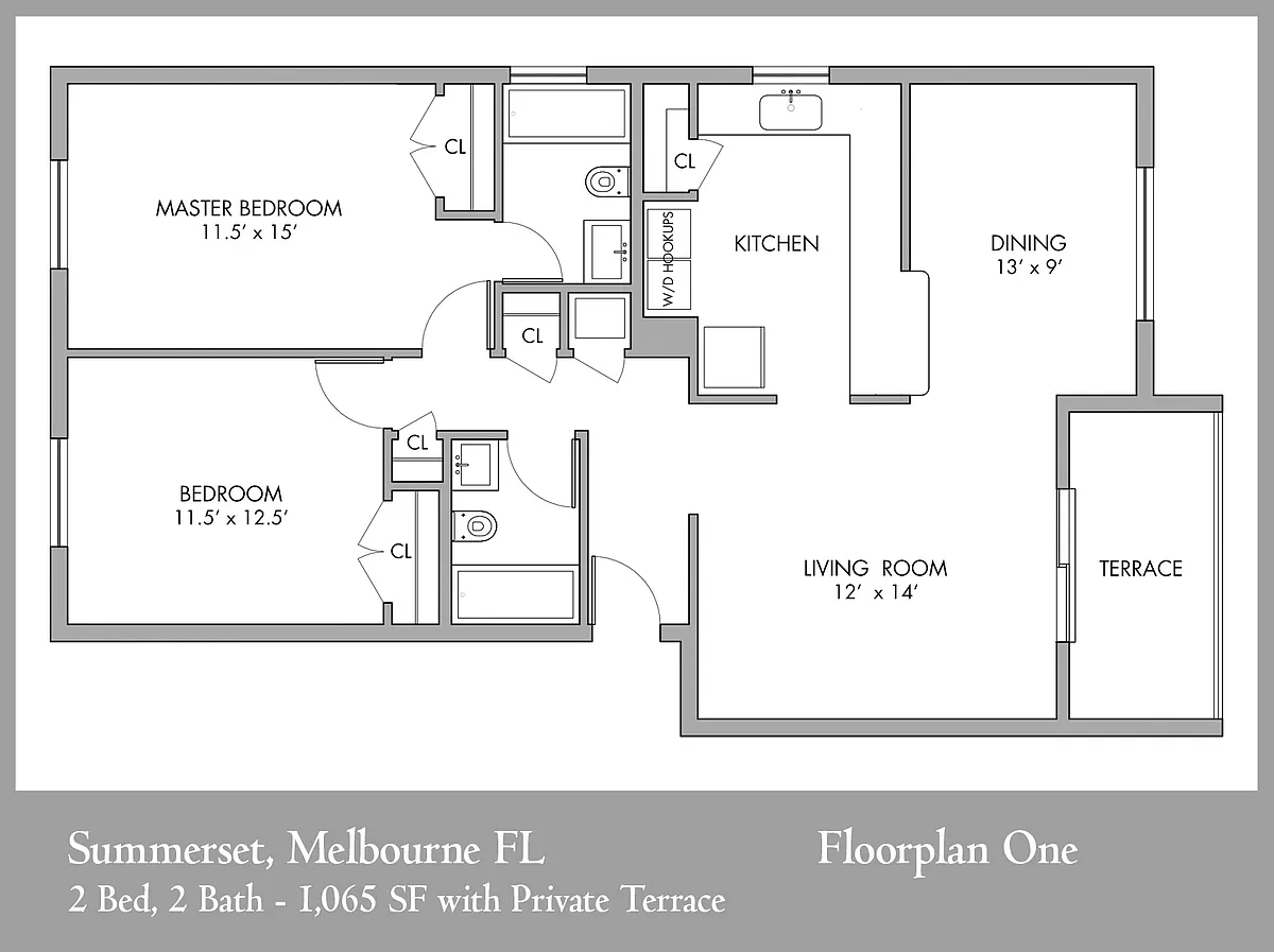 Floor plan 1065sf 2 Bed 2 Full Bath w Terrace - Corner