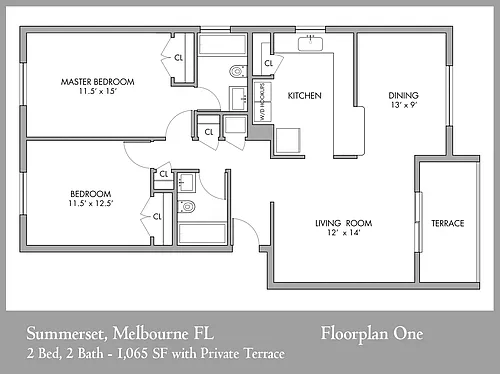 Floor plan 1065sf 2 Bed 2 Full Bath w Terrace - Corner