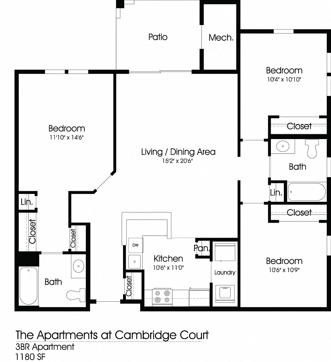 Floor plan 3BR 2BA (1180sf)